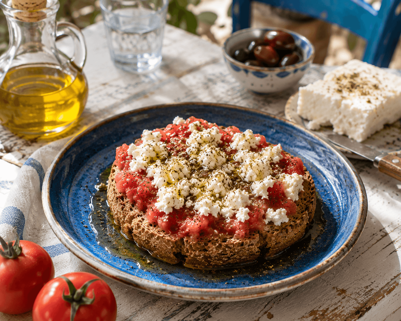 Dakos met feta en Peloponnesos-olijfolie
