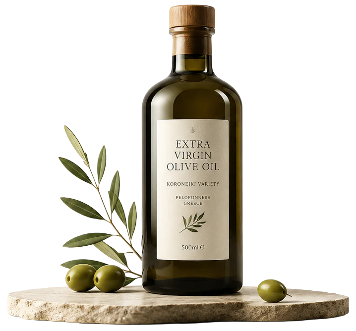 Fles extra vierge olijfolie Koroneiki uit de Peloponnesos